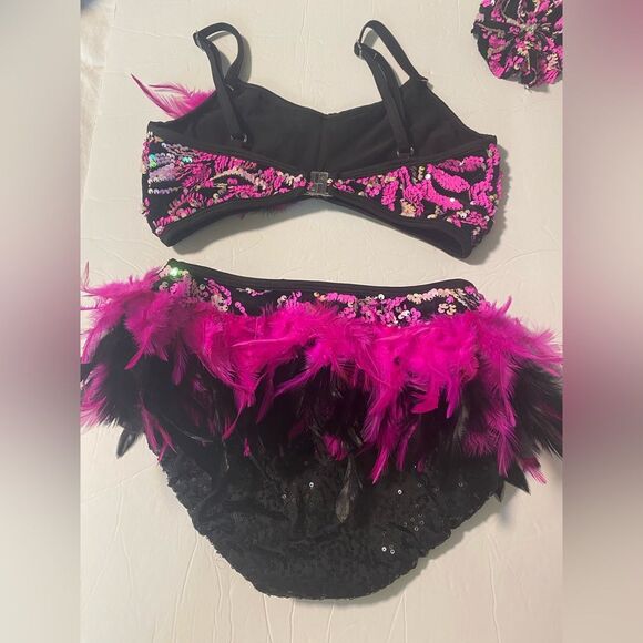 Glamour solo dance costume pink black Feather embellished leotard 2 piece XLC - Picture 4 of 12